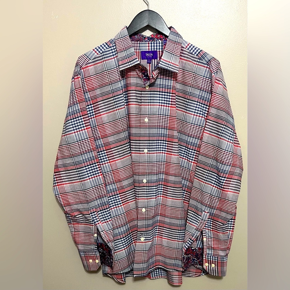 Tallia Plaid Long Sleeve Button Down Shirt Floral Flip Cuff Red White Blue XL